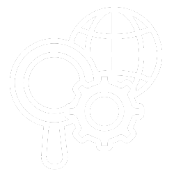 Magnifying glass, globe, and gear icons representing global search and settings
