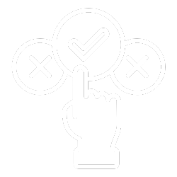 A hand pointing to a check mark circle between two 'X' circles, indicating a choice or decision
