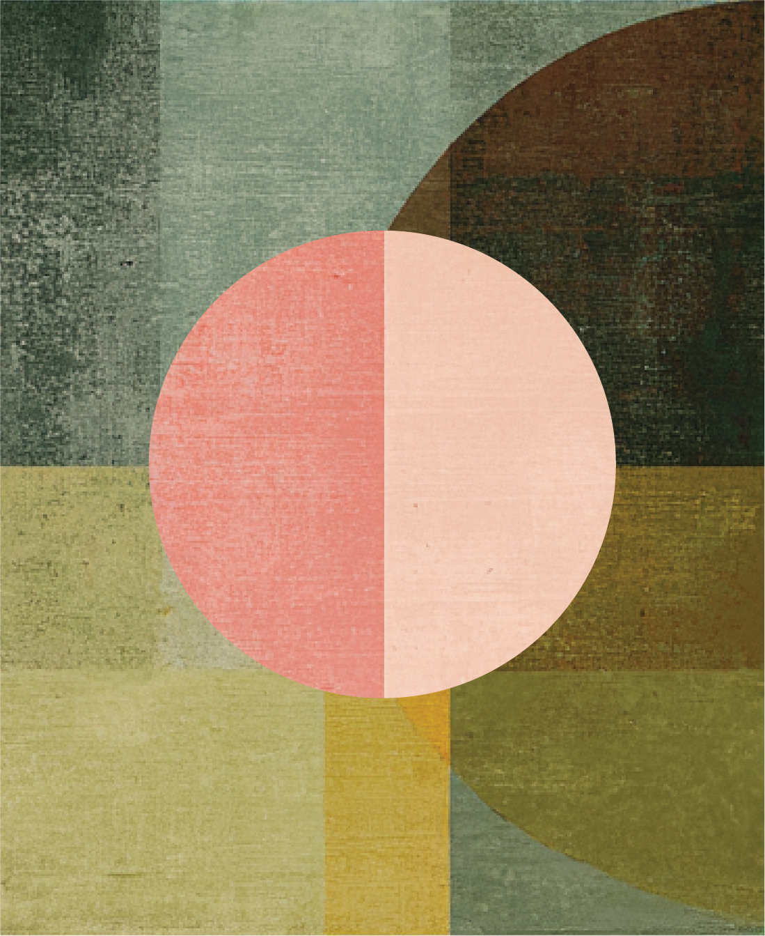 Abstract geometric artwork with a large pinkish circle overlaying a background of colored rectangles and semicircles in green, brown, yellow, and blue shades.