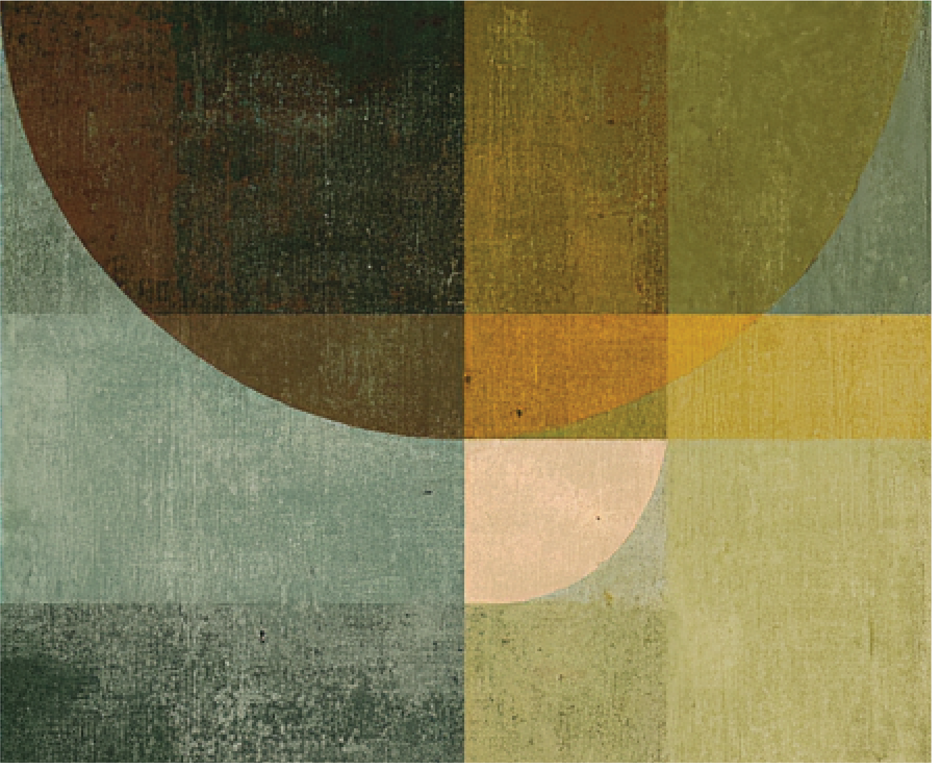 Abstract geometric artwork with overlapping semi-circles in earth tones including green, yellow, orange, and orange-brown, arranged in a grid pattern.