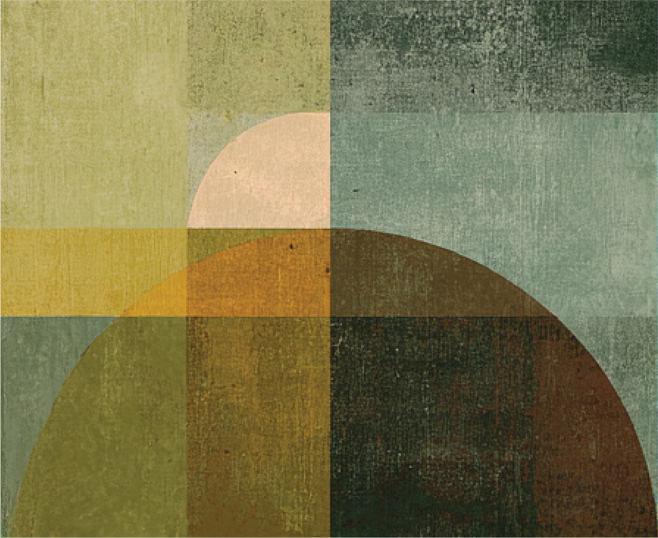 Abstract geometric artwork with colored blocks, circles, and squares in shades of green, yellow, orange, and brown.