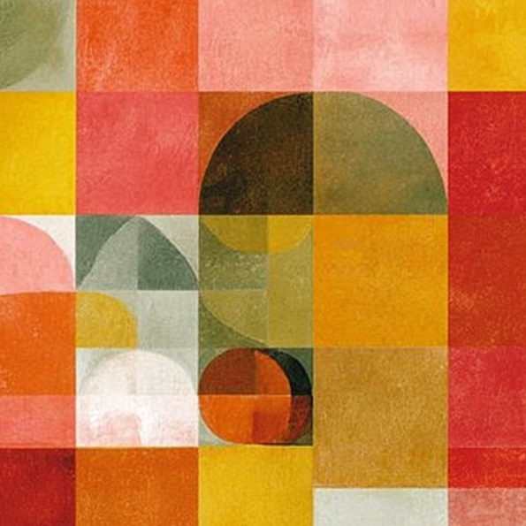 Abstract geometric art with squares and circles in red, orange, yellow, green, and pink tones.
