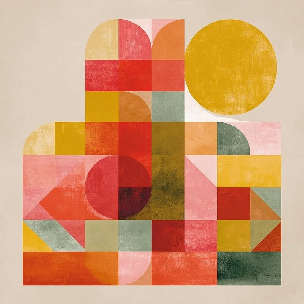 Abstract geometric artwork with colorful squares, rectangles, and circles in shades of red, orange, yellow, pink, and green.