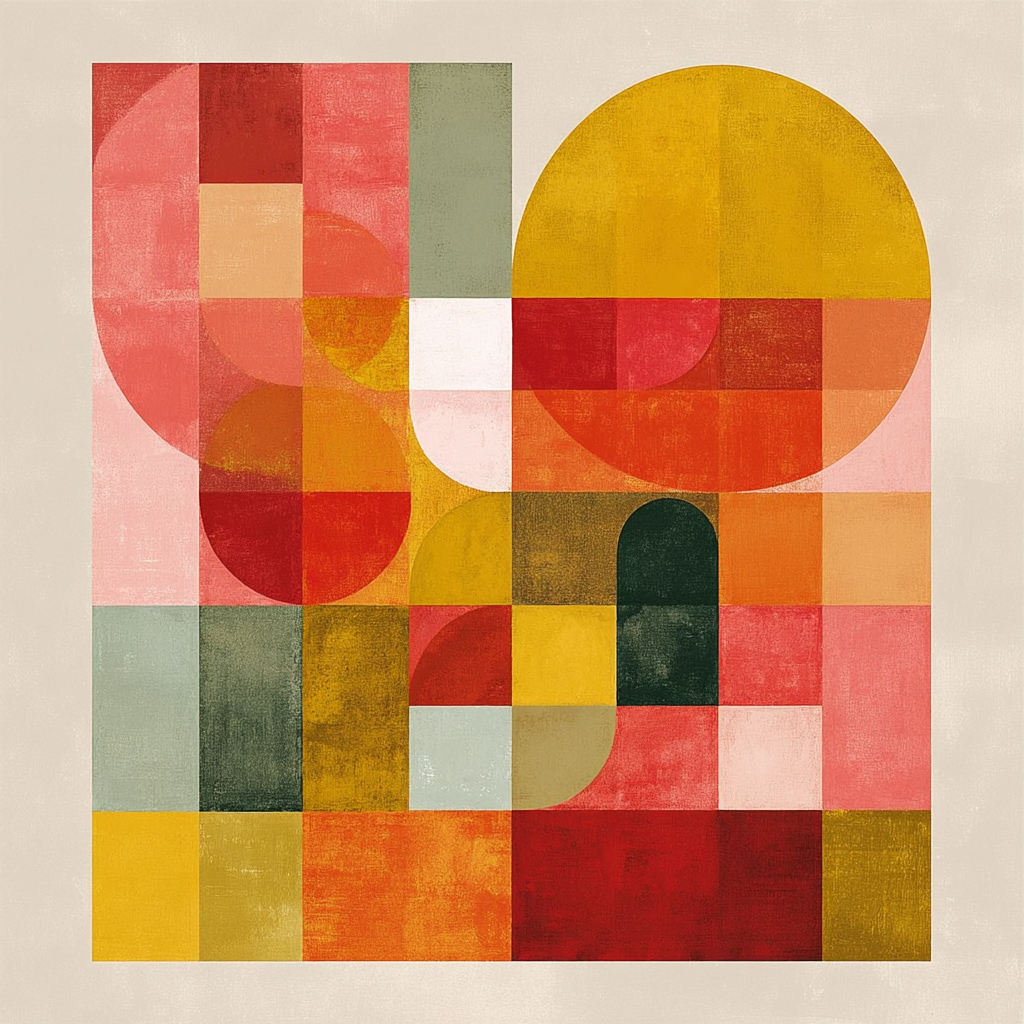 Abstract geometric artwork with colorful squares, rectangles, circles, and semi-circles in shades of red, pink, orange, yellow, green, black, and white.