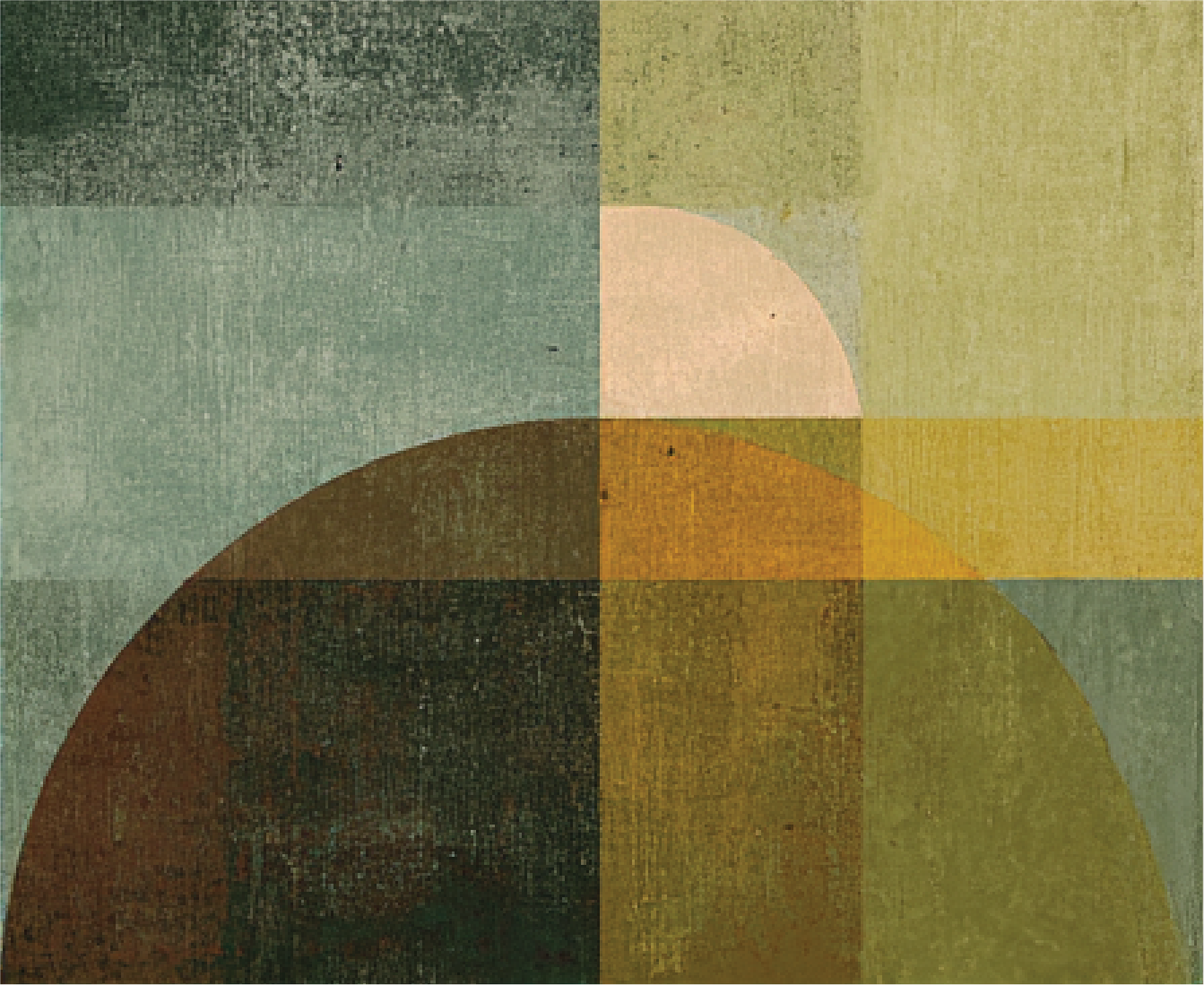 Abstract geometric artwork with overlapping circles and rectangles in shades of green, yellow, orange, brown, and black.