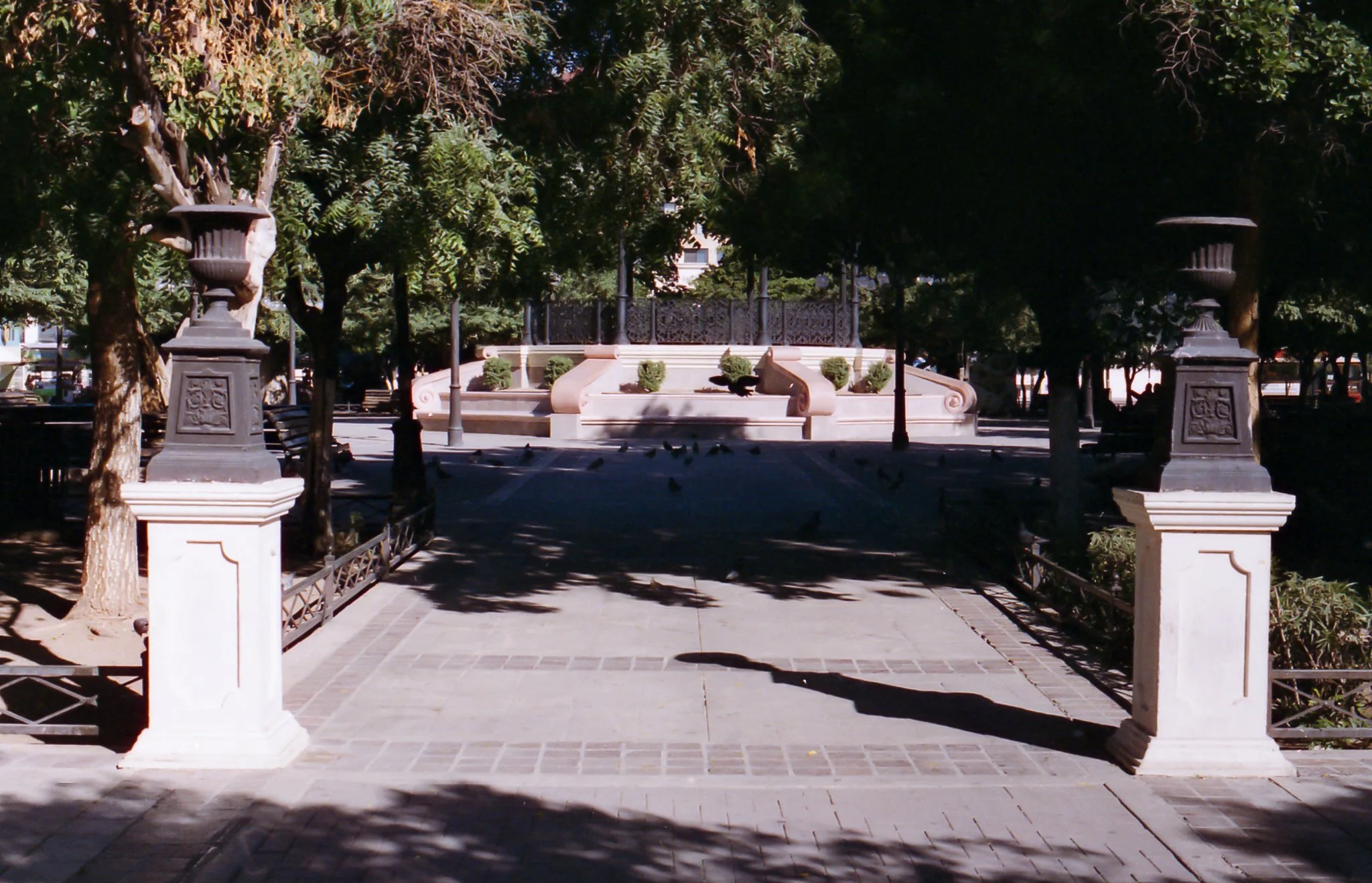 Vista de una plaza con fuente y árboles grandes, con sombra en el suelo, en un día soleado.