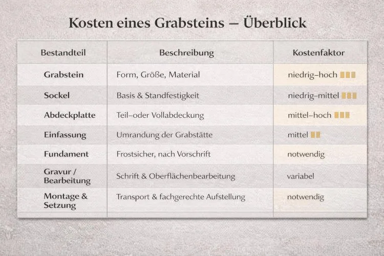 Tabelle mit Kostenübersicht eines Grabsteins, inklusive Bestandteile, Beschreibungen und Kostenfaktoren.