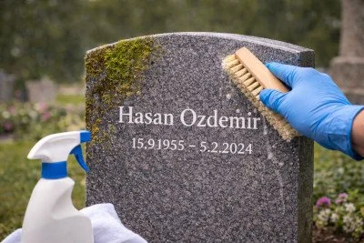 Reinigung eines Grabsteins vom professionellen Steinmetz.