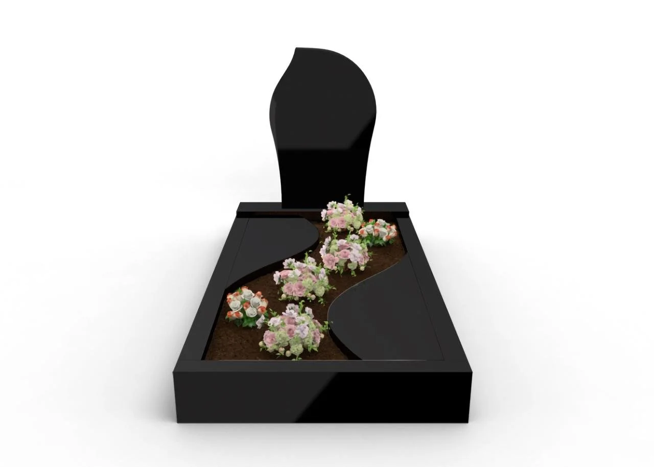 Schwarzer Grabstein mit einer S-förmigen Platte. Steinmetz Hamburg