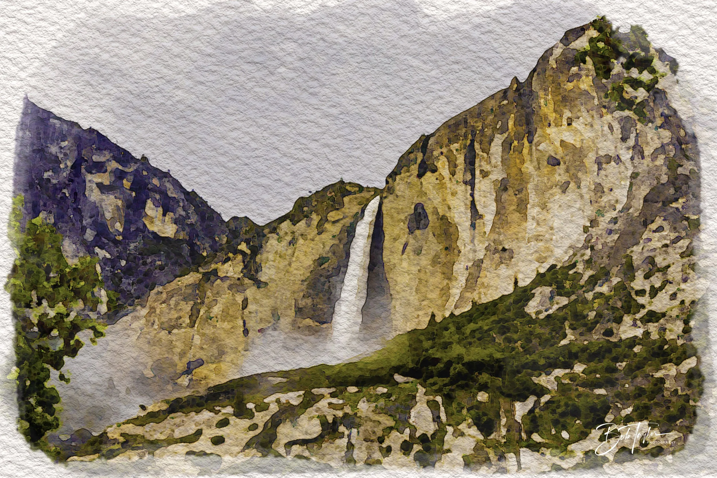 waterfall in yosemite national park in watercolor