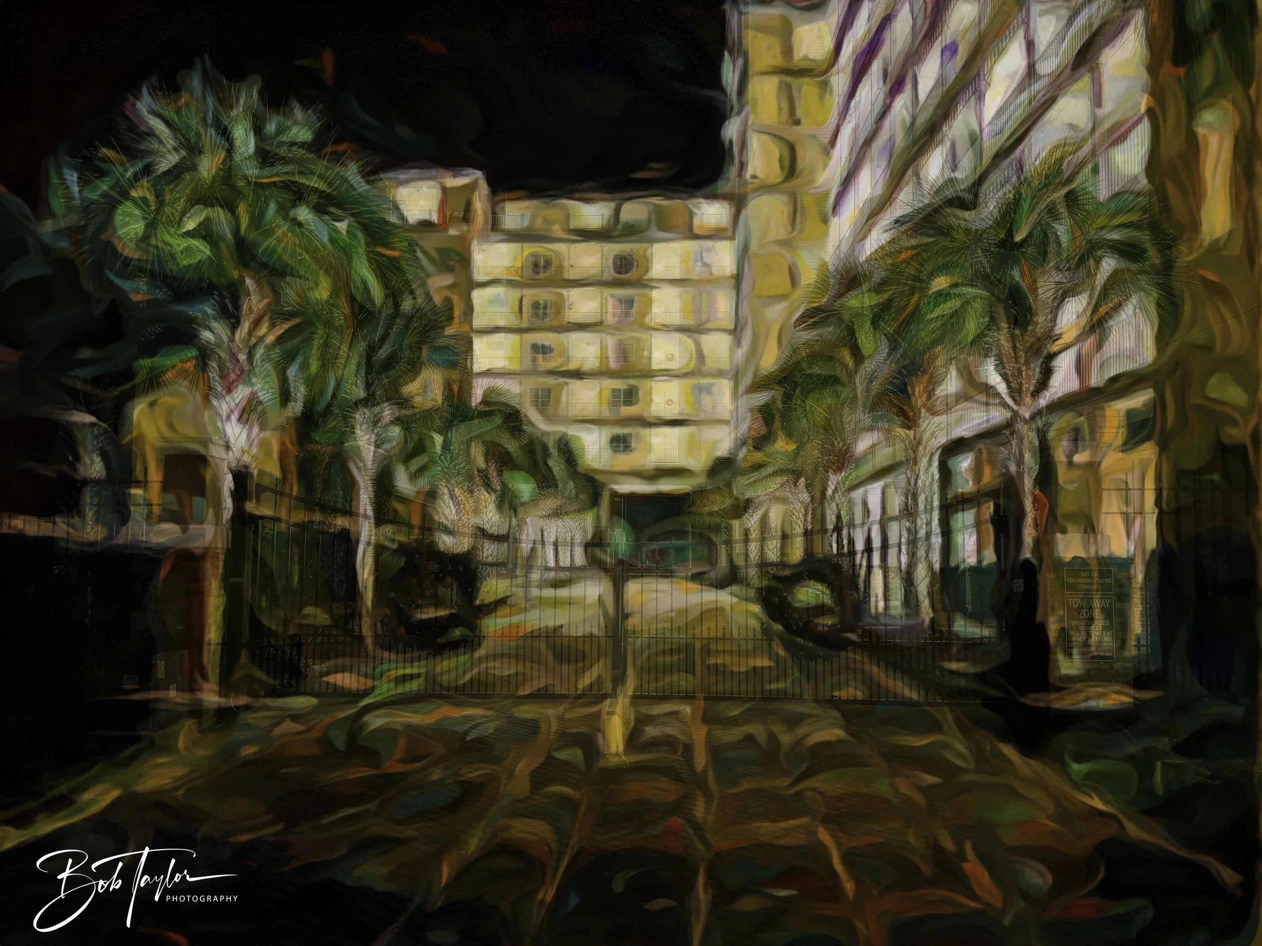 oil painting of harbour village condos at night