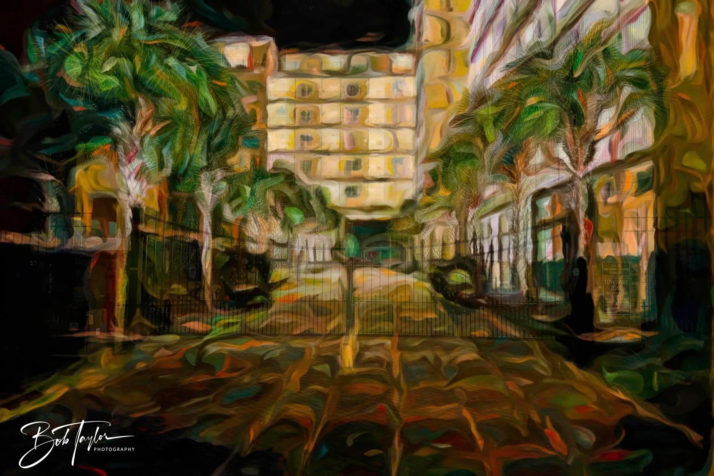 oil painting of harbour village condos at night