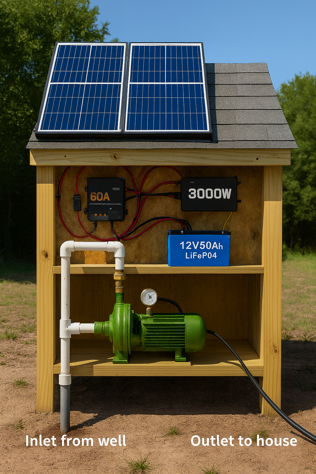 Small mock design of solar well system, holds 1.2k of power to supply a tool shed, water pump and multiple electronic devices.
