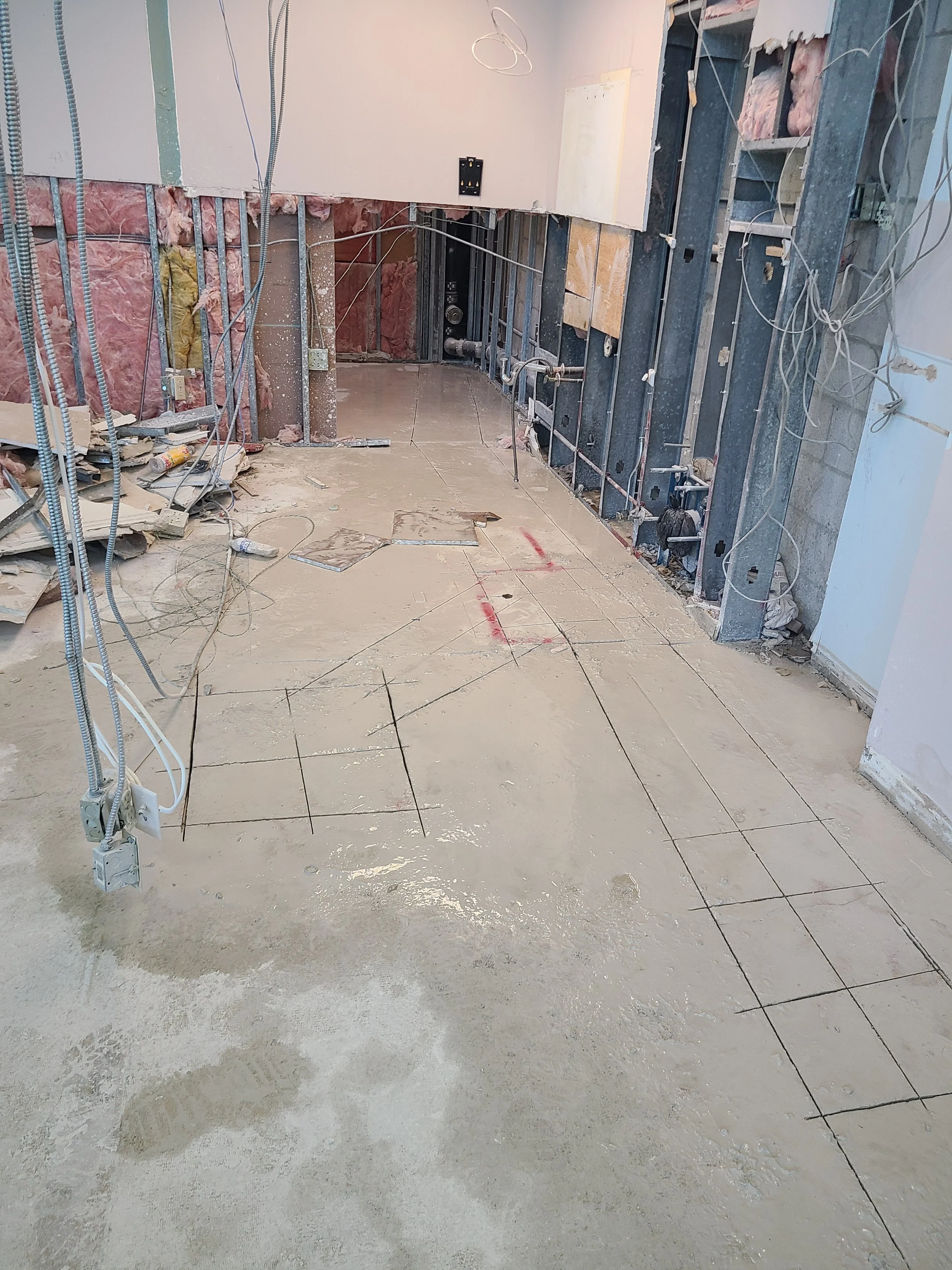 Floor trenching markings, demo previous bathroom