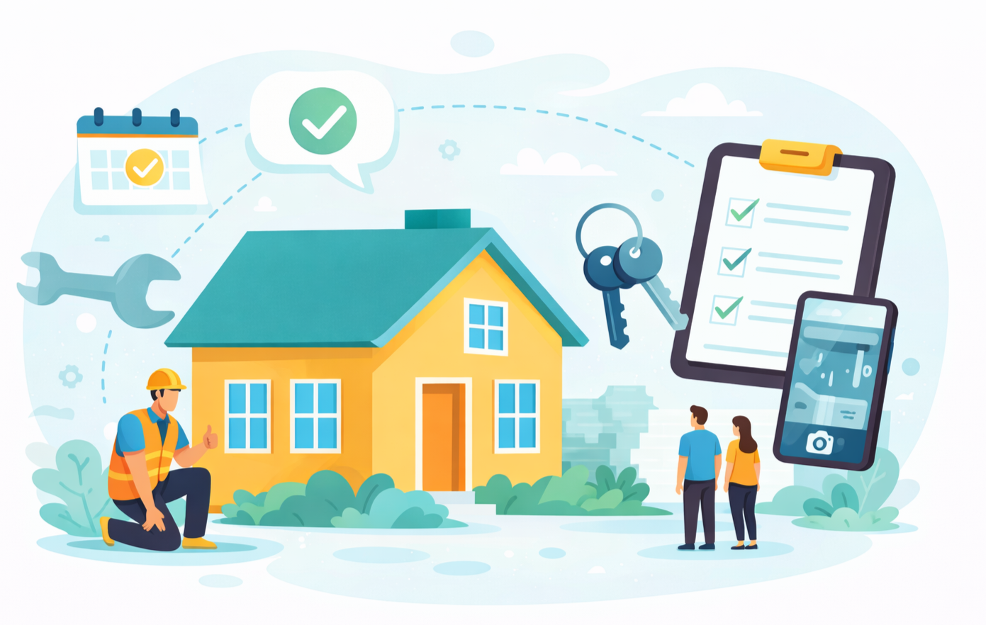 Illustration of property maintenance services showing a home, technician, repair tools, approval checkmarks, and status updates to represent fast repairs and clear owner approvals.