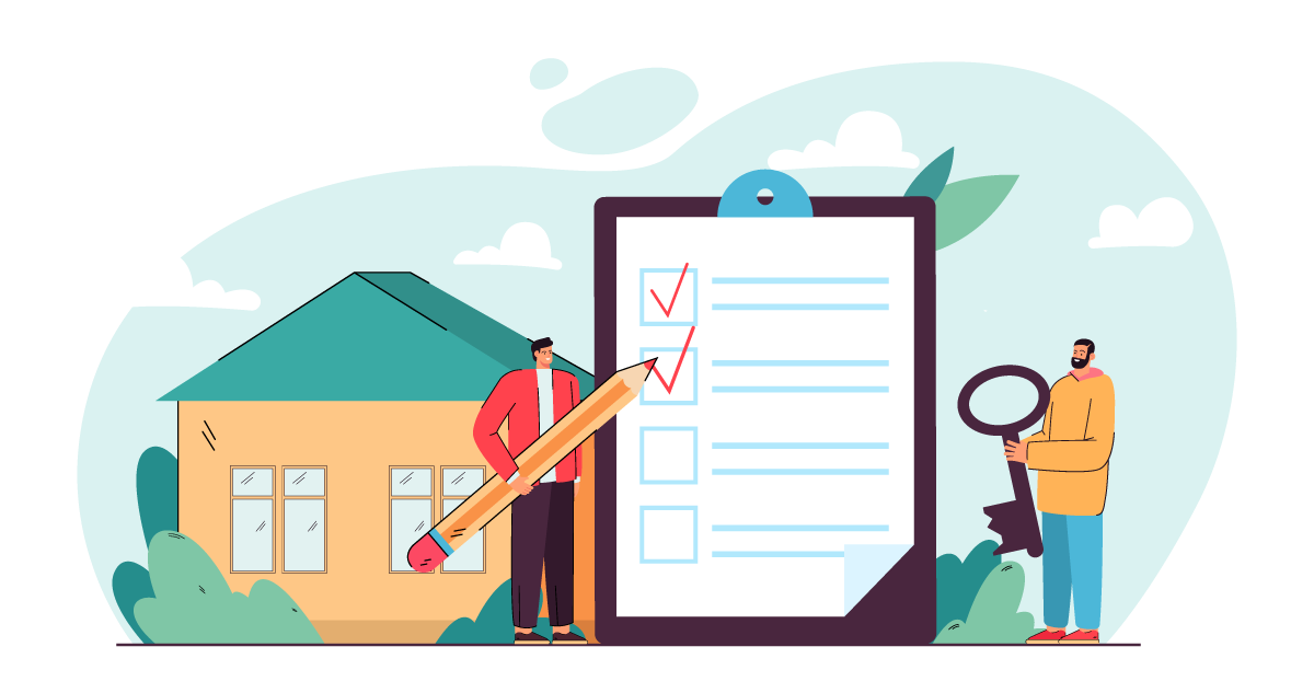 Illustration of two men reviewing a property management checklist beside a house, with a large clipboard and checkmarks representing approvals, clear process, and organized next steps.