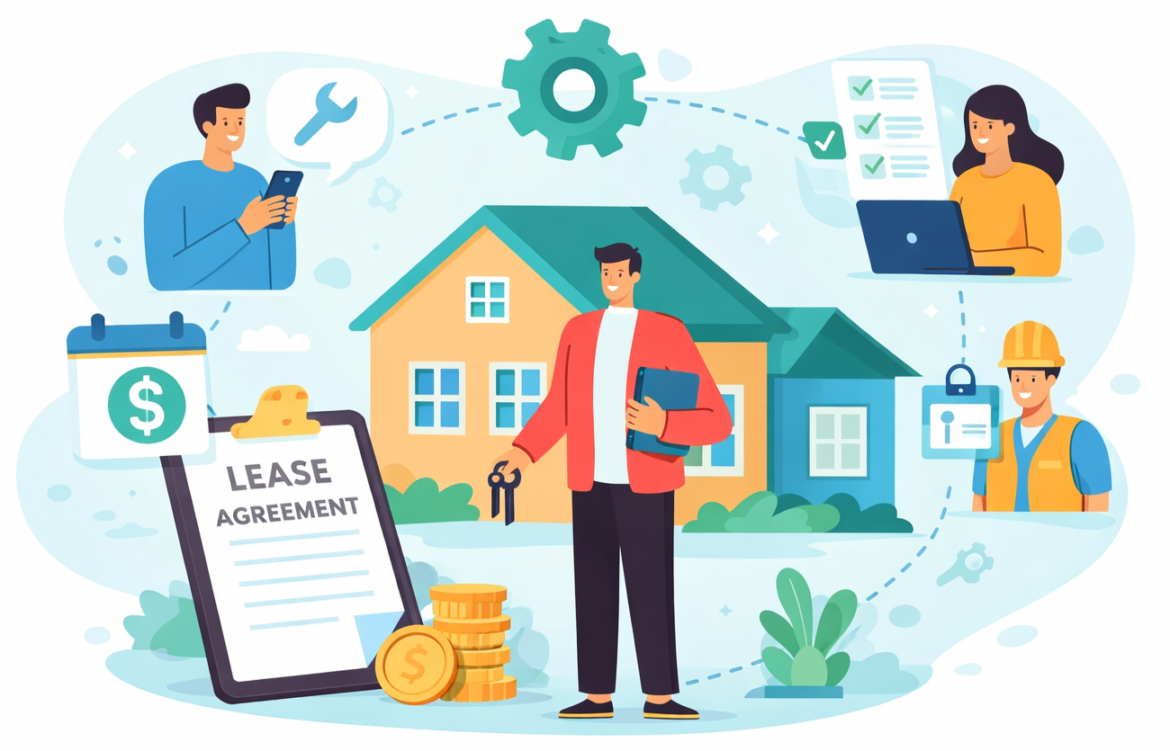 Illustration of full service property management showing a home, lease agreement, rent collection, maintenance coordination, tenant communication, and owner reporting connected in one process.