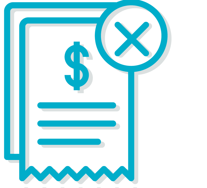 Receipt icon with dollar symbol and cancel mark representing no setup fees.