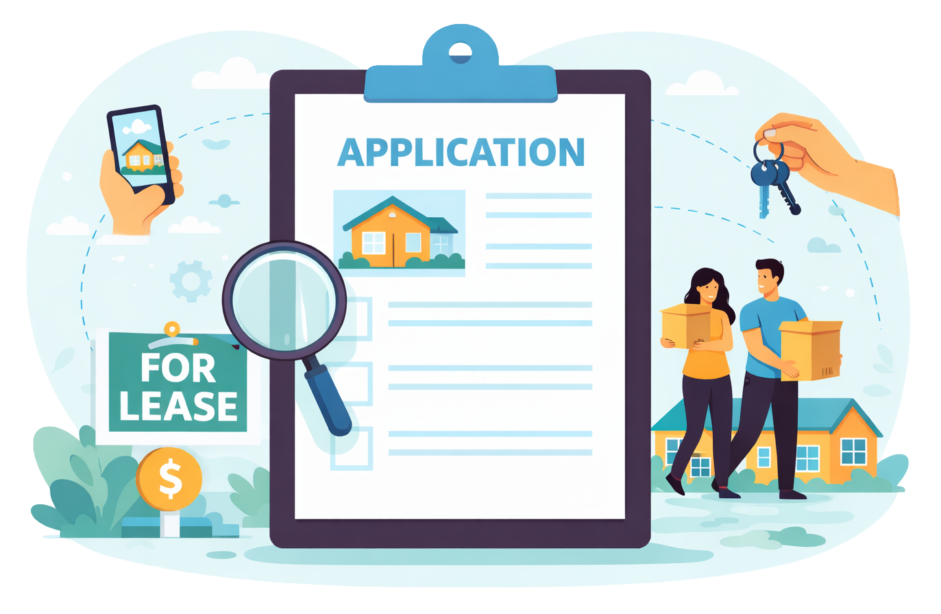 Illustration of tenant placement services featuring a rental application clipboard, for lease sign, keys, and new tenants moving into a home to represent leasing and vacancy reduction.