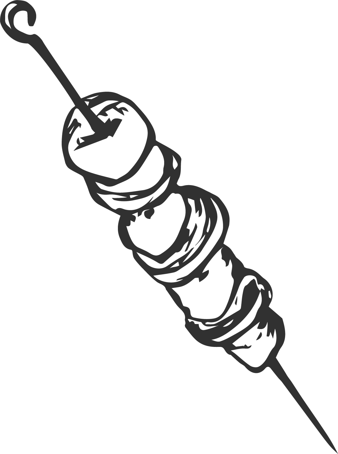 Black and white illustration of a skewer with four pieces of food, likely meat or vegetables, skewered on a stick.