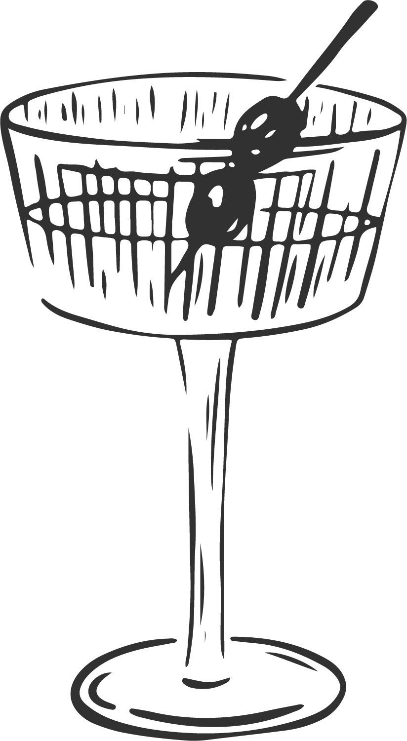 Black and white drawing of a cocktail with a cherry and a cocktail pick in a martini glass