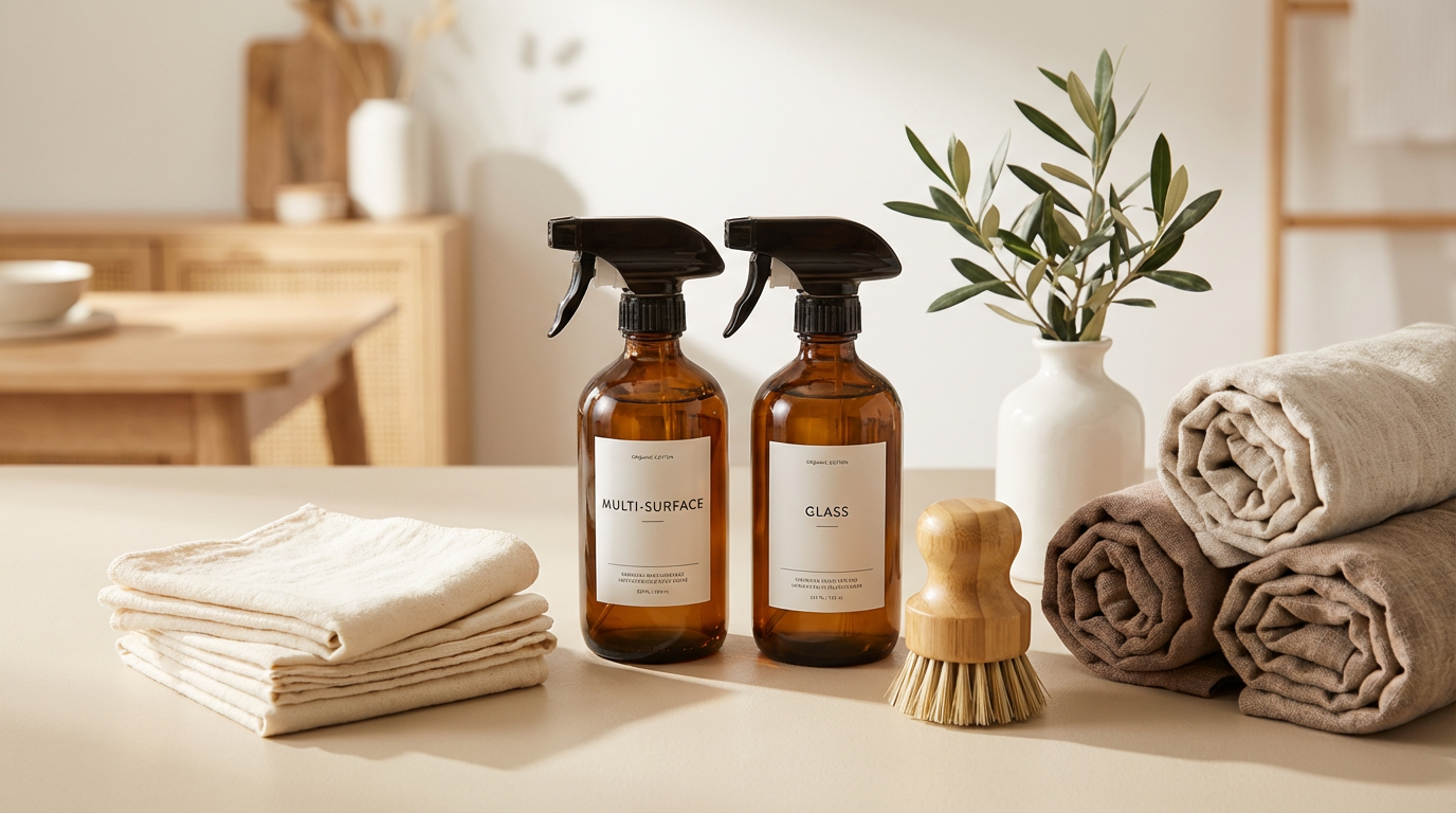 Clean towels, spray bottles labeled 'Multi-Surface' and 'Glass', a scrub brush, a potted plant, and rolled-up towels on a table in a clean, minimalist room.