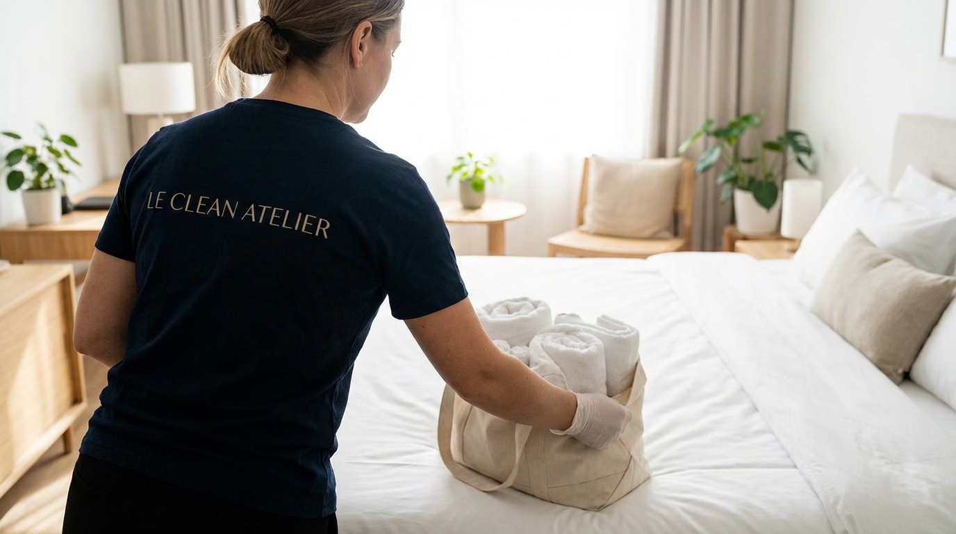 A woman with a navy shirt that says 'Le Clean Atelier' is packing rolled white towels into a canvas bag on a neatly made bed in a bright, modern bedroom with plants and natural light.