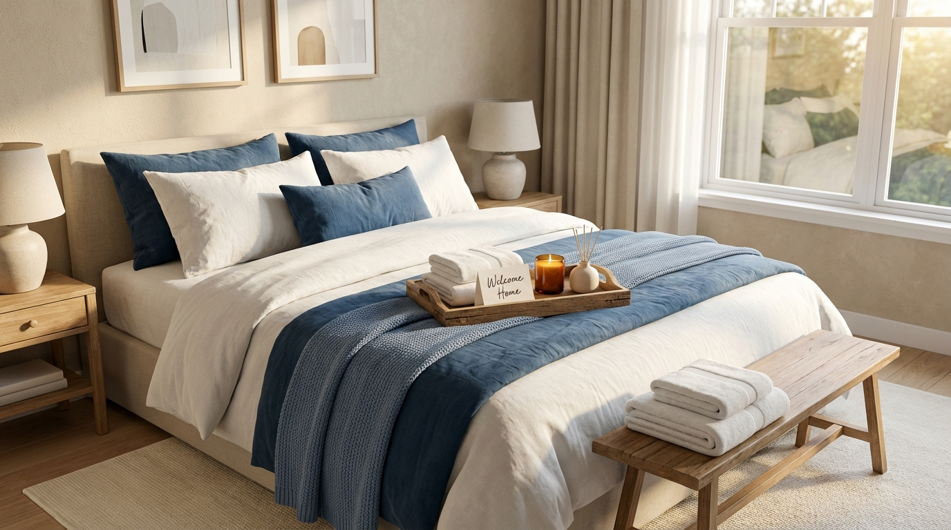 A neatly made bed with white and blue pillows and a blue and white striped blanket in a sunlit bedroom. A tray with towels and a welcome note sits on the bed, with a small bench holding folded towels at the foot of the bed, and bedside tables with lamps on each side. A large window with curtains is on the right, showing a view outside.