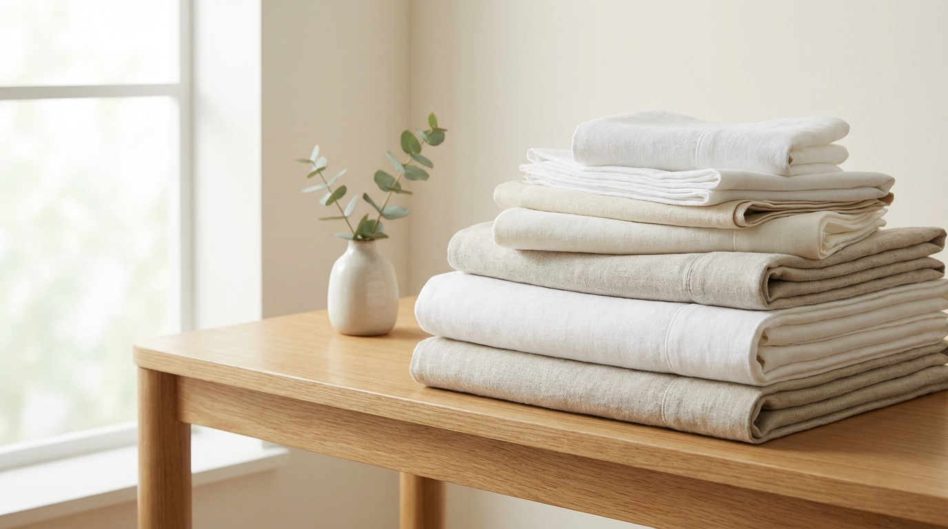 A stack of neatly folded white, beige, and gray linens on a wooden table with a small vase containing eucalyptus leaves, in a bright room with a window in the background.