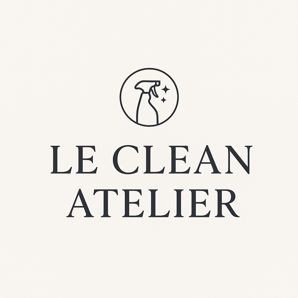 Logo for Le Clean Atelier featuring a spray bottle with sparkles and the business name in elegant font.