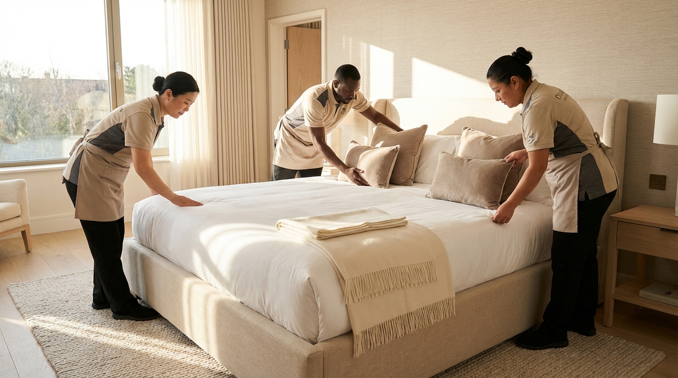 Three staff members making a bed in a brightly lit hotel room.