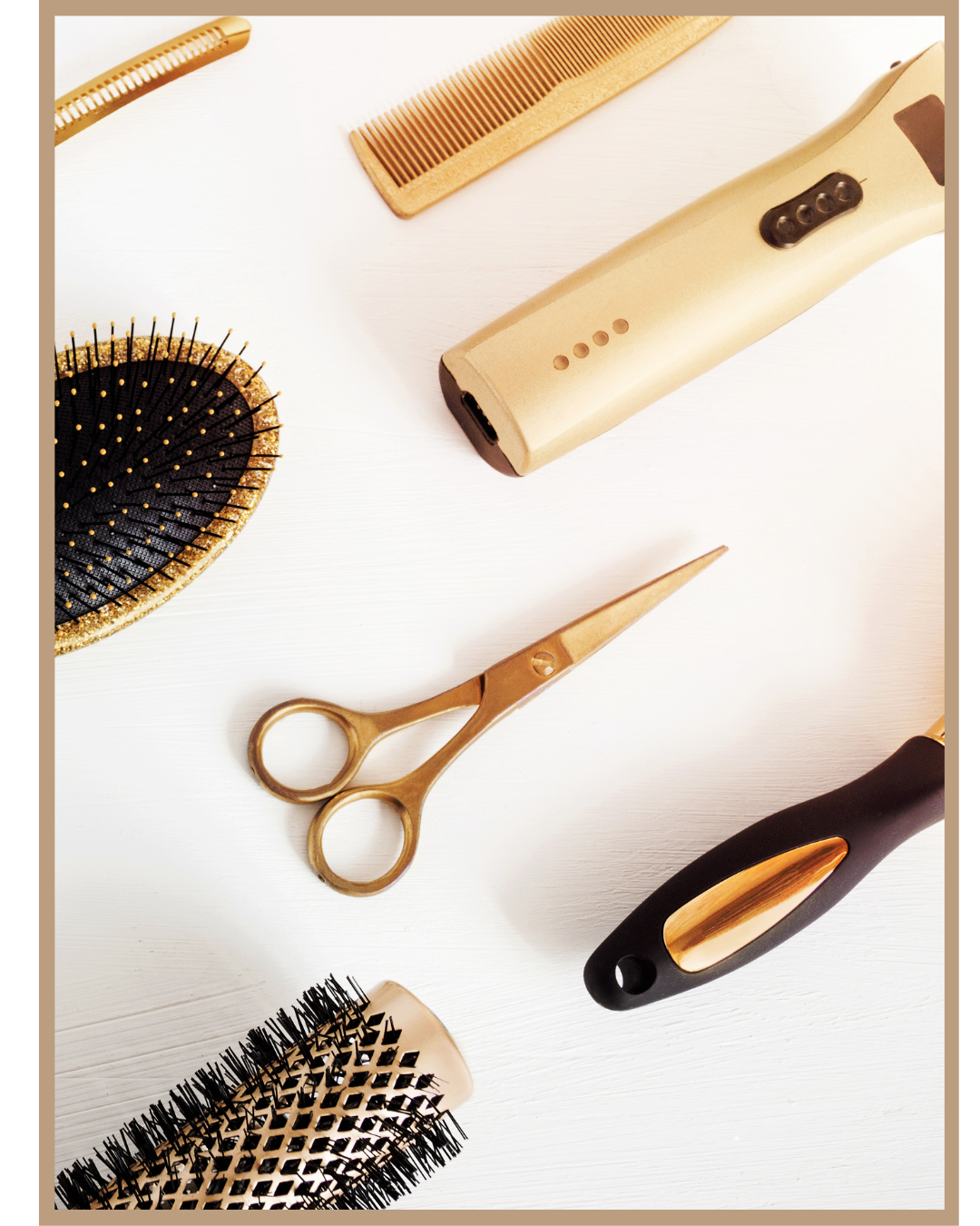 Collection of hair styling tools including a hairbrush, scissors, a spray bottle, a hair clipper, a small comb, and a round hairbrush, all in black and gold.