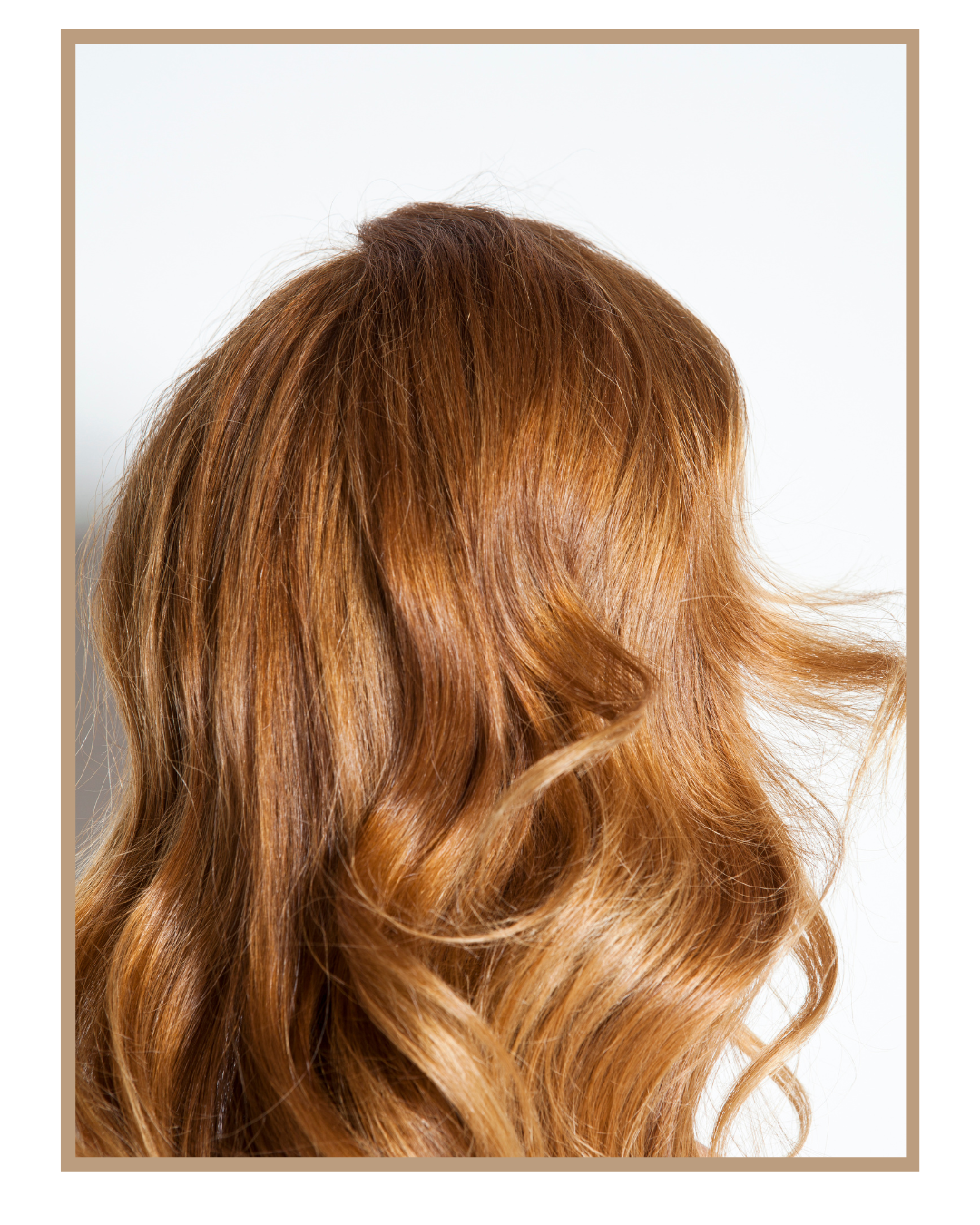 Close-up of wavy, reddish-brown hair against a white background.