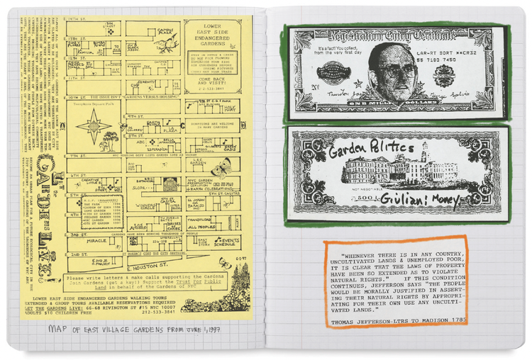 Scrapbook page with a 1997 map of East Village gardens, tickets, and a quote on natural rights