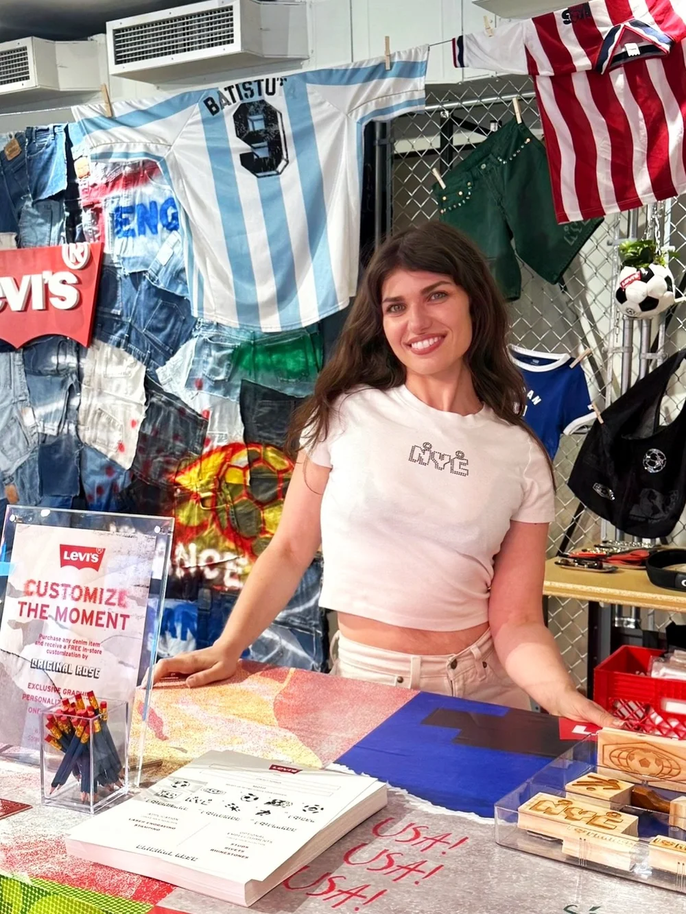The Levi's World Cup takeover space in New York with the Original Rose customization station