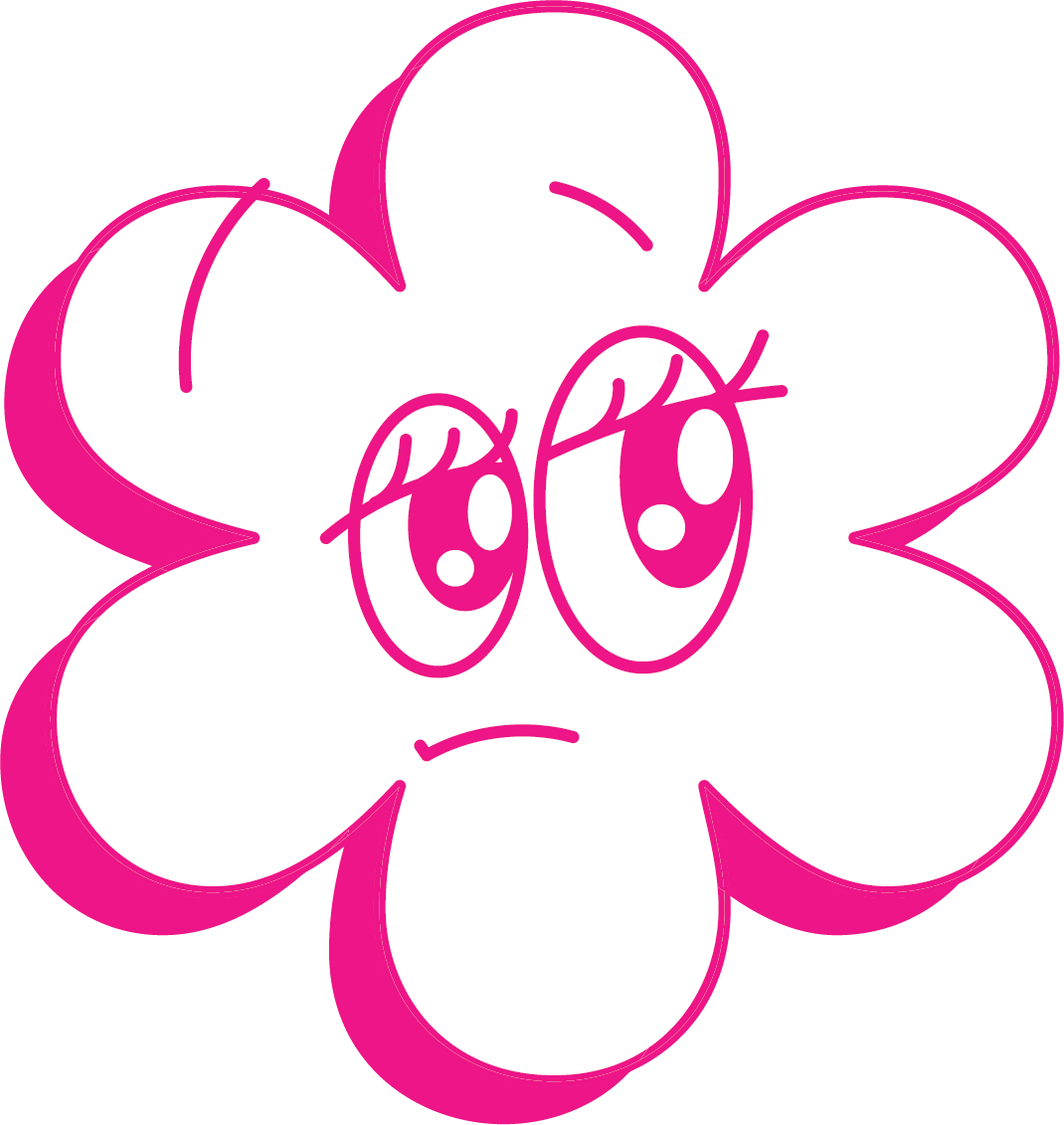 A cartoon flower with six white petals outlined in pink and a sad face with large, shiny eyes and a small, downturned mouth.