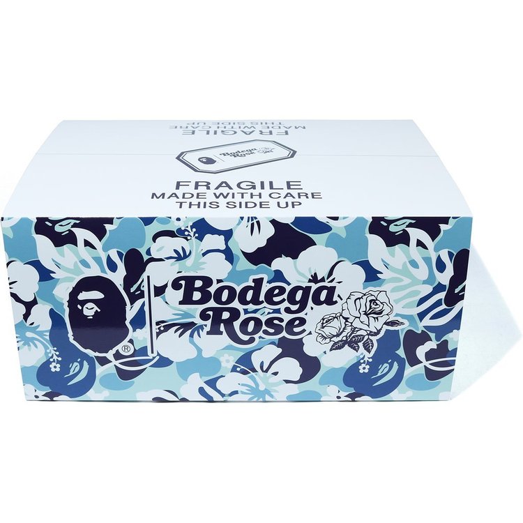 Blue and white floral Bodega Rose packaging box for the BAPE planter