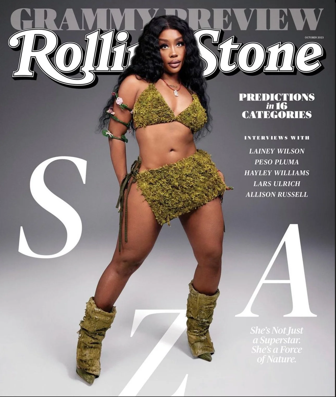 Cover of Rolling Stone magazine featuring a woman in moss- and plant-themed outfit, standing with hands on hips against a plain gray background.