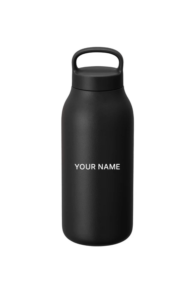 Black water bottle with a handle on top and the text 'YOUR NAME' printed on it.