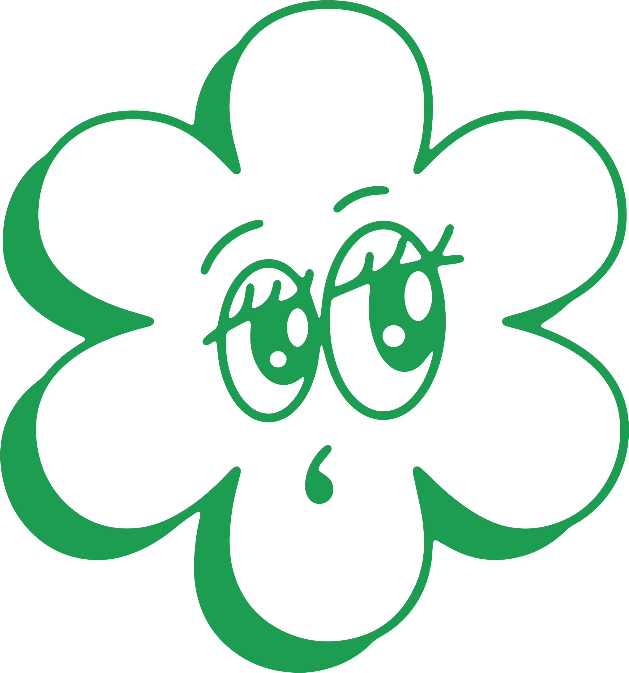 A cartoon-style drawing of a chatty shamrock with a smiling face and open eyes, outlined in green.
