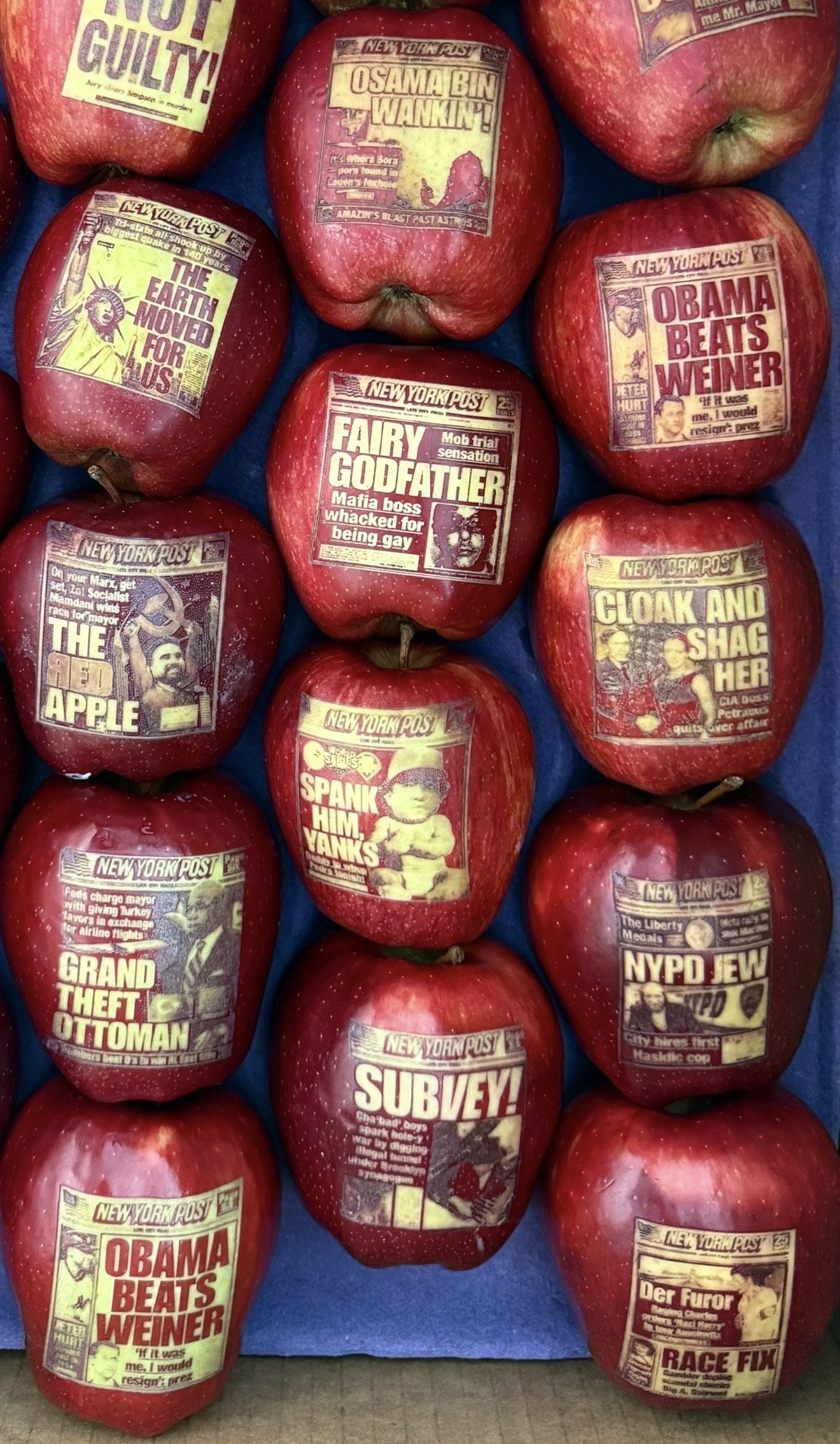 Red apples with satirical newspaper-style labels resembling headlines.