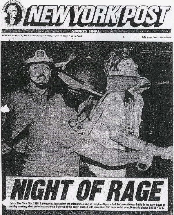 A black and white newspaper image from the New York Post's sports final section, dated August 8, 1988. It shows police officers in riot gear during a protest in New York City, with a headline reading 'Night of Rage.'