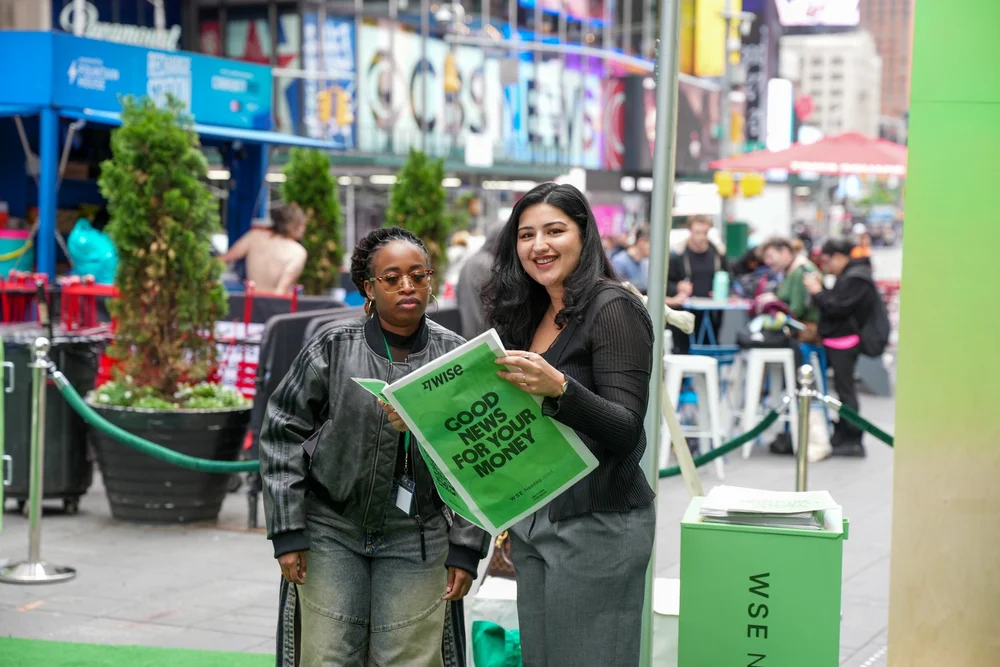 Wise IPO tote customization in Times Square