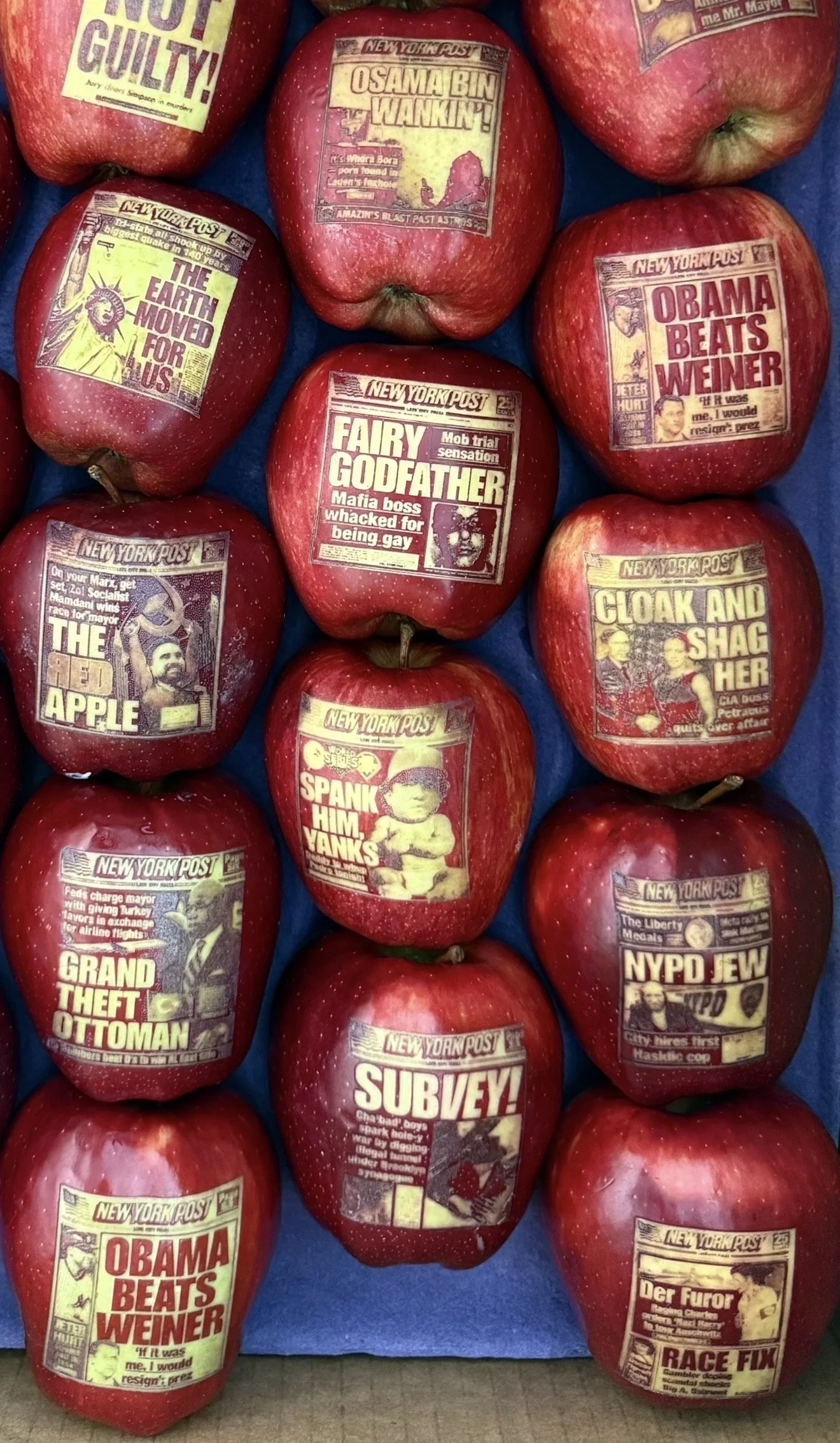 A display of red apples with newspaper-style parody headlines. Each apple has a different satirical headline mimicking tabloid covers.