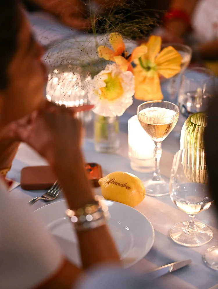 Engraved lemon name card at a place setting on the tablescape