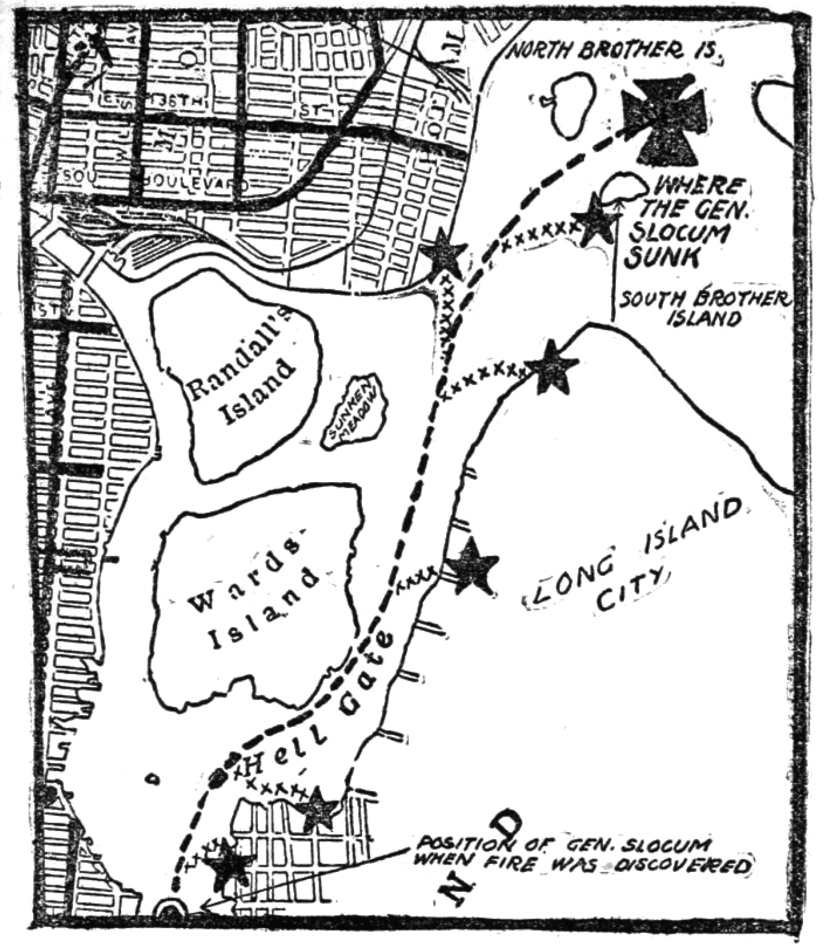 Historical hand-drawn map of Long Island City, including Randall Island, Ward Island, and South Brother Island, with military markers and labels detailing a battle involving the sinking of a generation of slocum.
