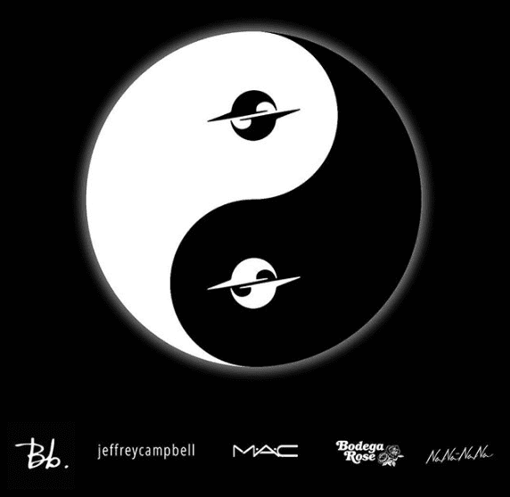Black and white yin-yang symbol with planets, accompanied by logos of various brands and artists at the bottom.