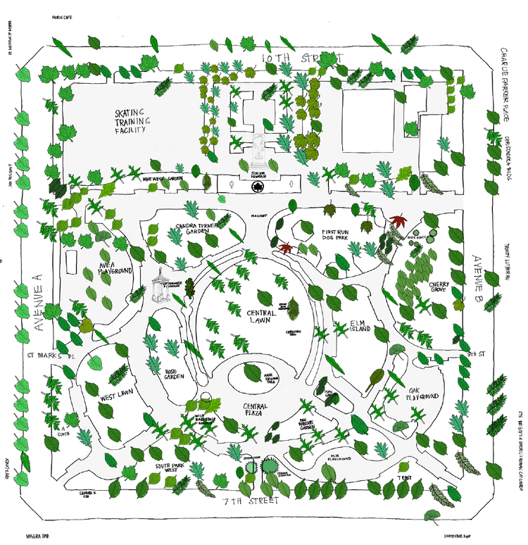 Hand-drawn park map with labeled gardens, lawns, and pathways