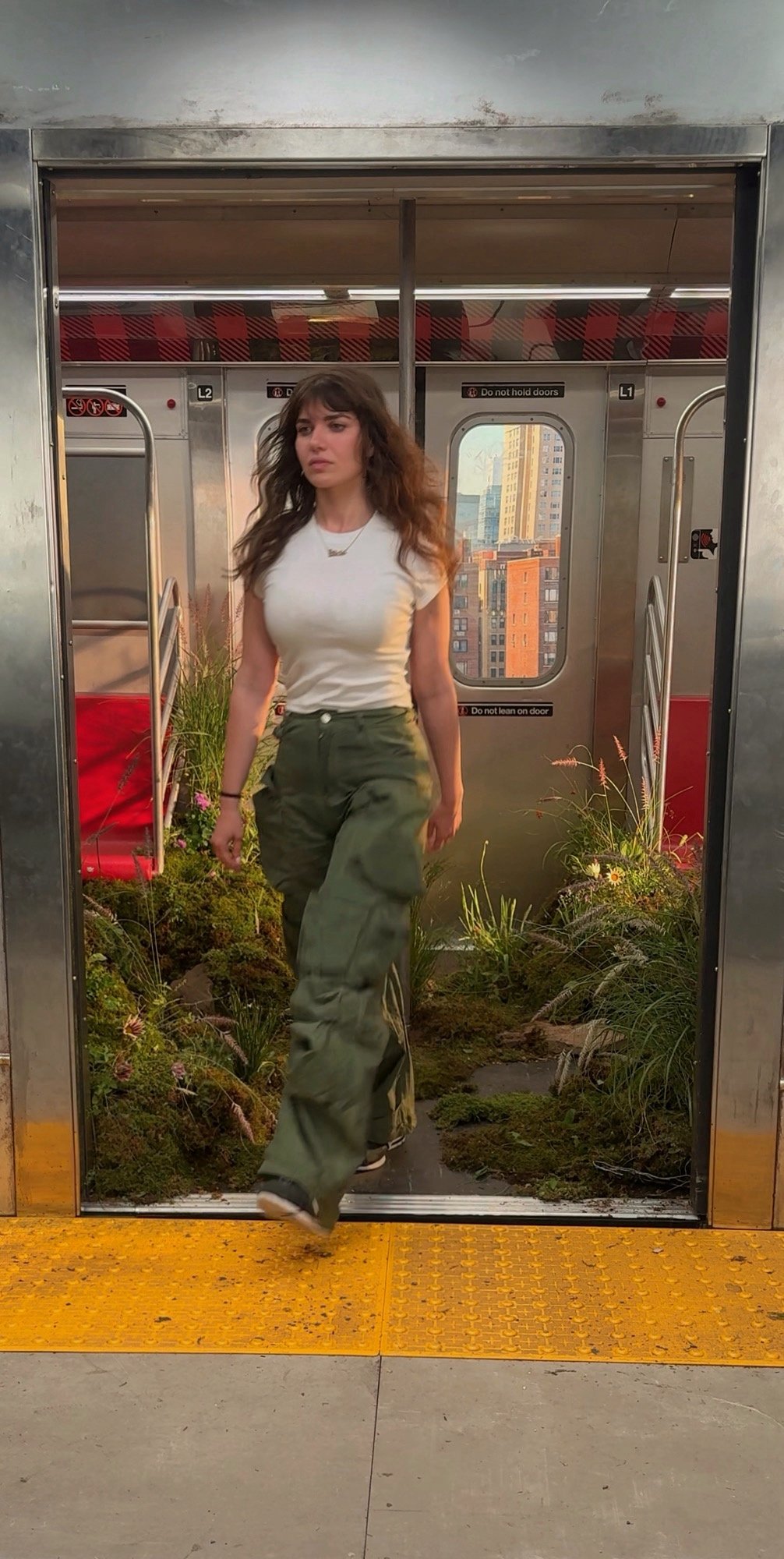 Woman in white t-shirt and green cargo pants walking through an open doorway with greenery on the ground inside subway station, cityscape visible through window.