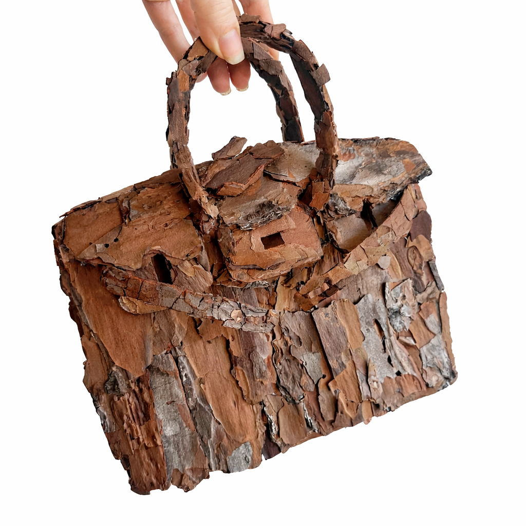 Hand holding a handbag made of bark or wood slices with a white background.